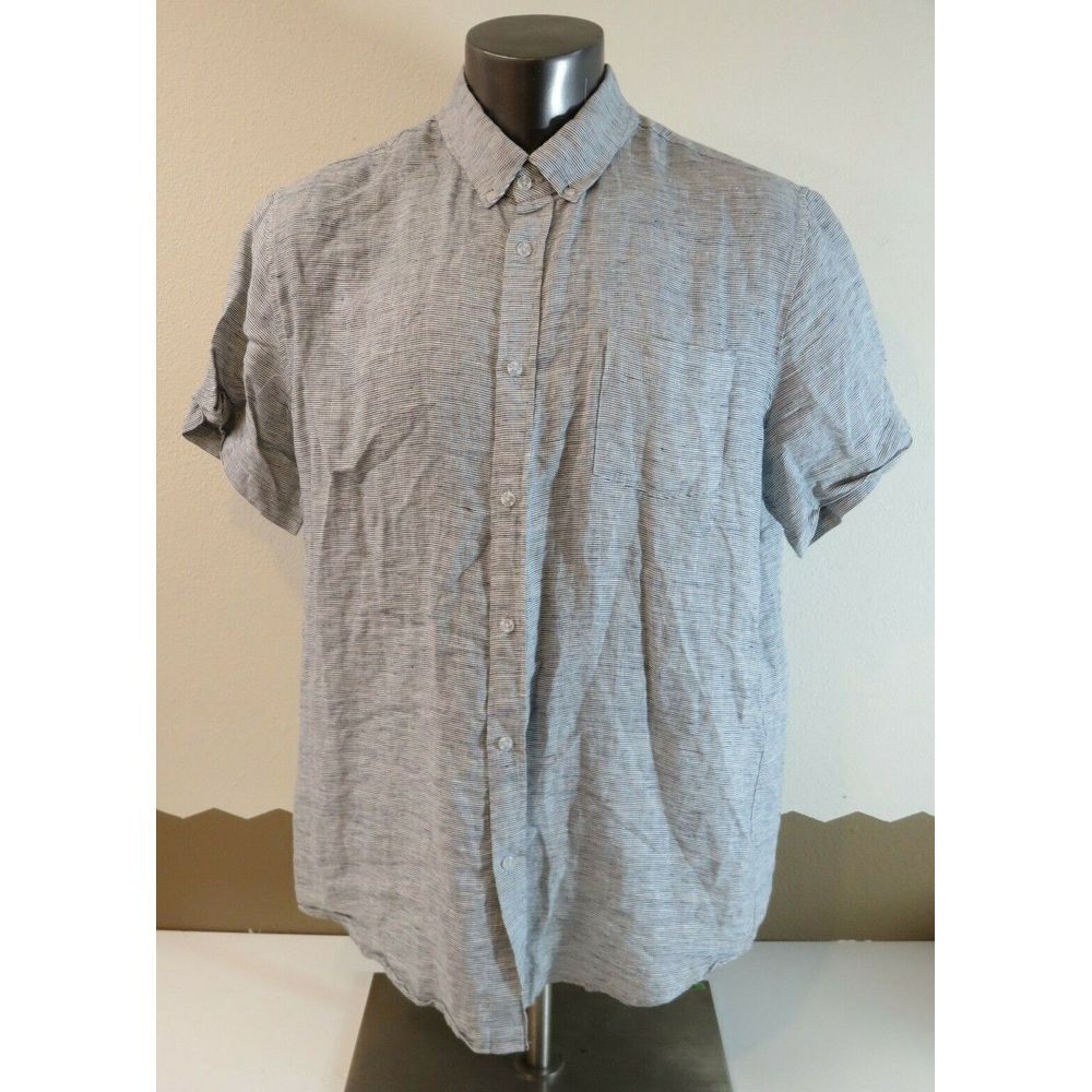 Mens Magaschoni Linen Short Sleeve Button Front Shirt‎ Size XL Gray White
